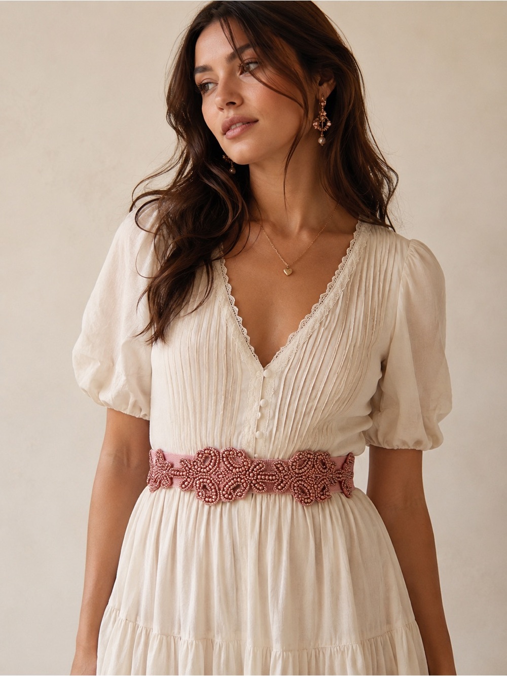 Anthropologie Pink Beaded Stretch Waist Belt | Boho Floral Statement Belt - Picture 1 of 6